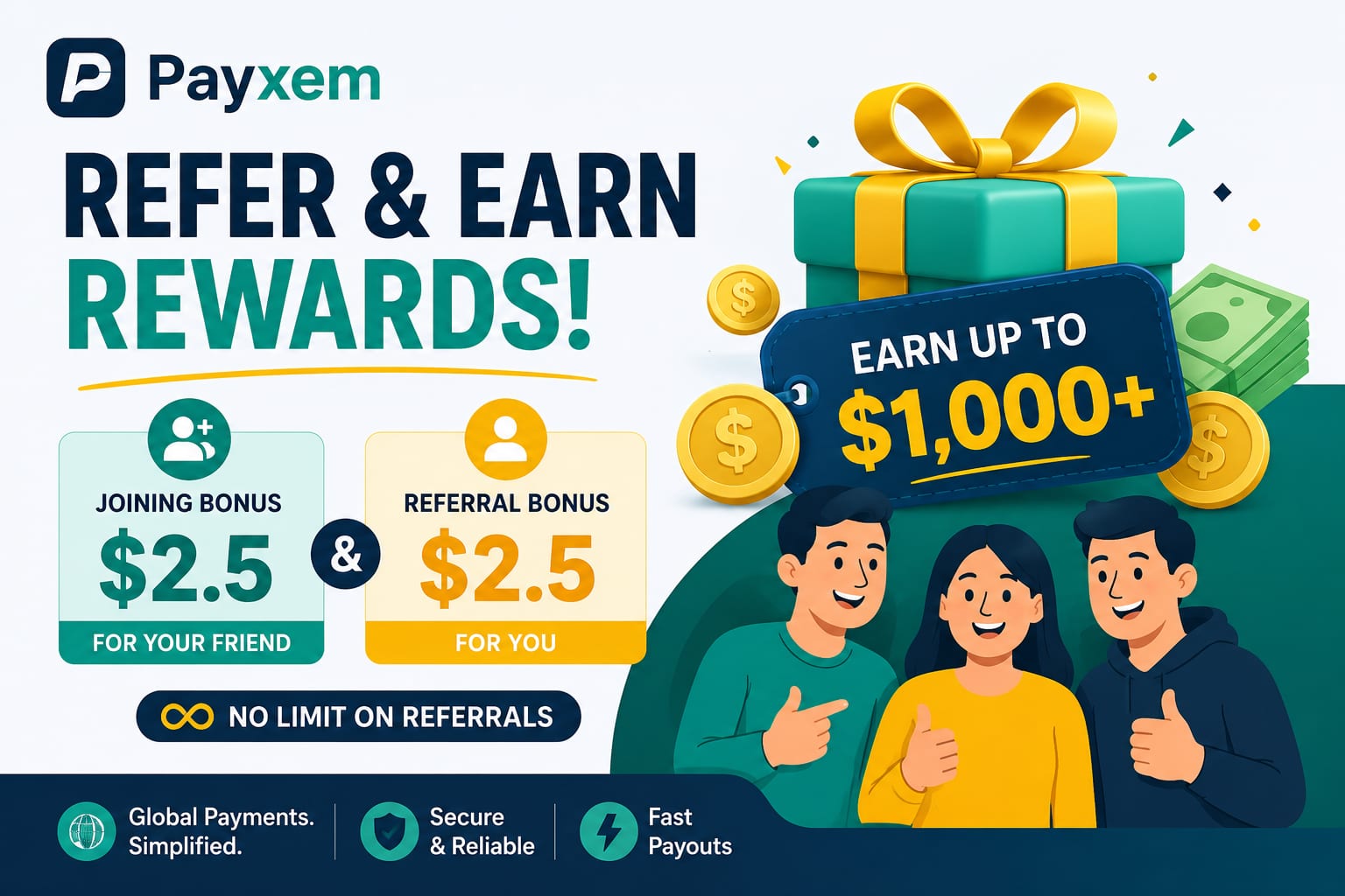Payxem Refer and Earn rewards. $2.5 joining bonus for your friend and $2.5 referral bonus for you, with no limit on referrals.